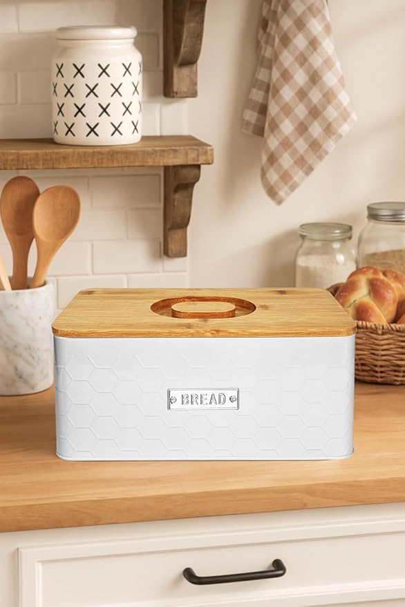 vensovo Bread Box for Countertop – Large White Metal Bread Bin with Bamboo Cutting Board Lid, Farmhouse Bread Storage Container for Homemade Bread, Baked Goods & Kitchen Counter Organization