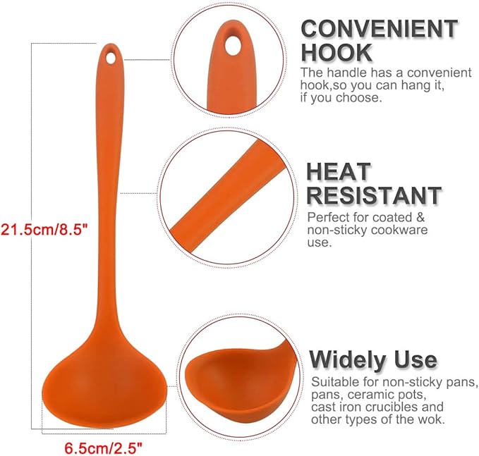 uxcell Silicone Soup Ladle Spoon 8.5 Inch Heat Resistant to 450°F One Piece Design Restaurant Kitchen Cooking Utensil for Serving Soup Orange