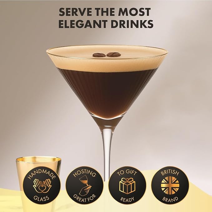 VEMACITY - Ribbed Espresso Martini Glasses Set of 4-8oz Gold Rim Cocktail Glasses with Bar Spoon and Jigger - For Margaritas, Cosmos & More | Ideal for Christmas & New Years