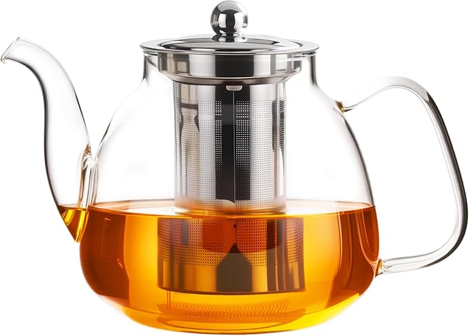 PARACITY Glass Teapot Stovetop 40 OZ/1200ml, Tea pot with Removable 18/8 Stainless Steel Infuser, Borosilicate Clear Tea Kettle, Teapot Blooming and Loose Leaf Tea Maker Tea Brewer for Camping