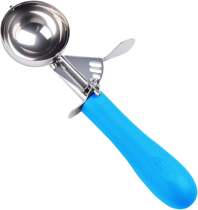 Ice Cream Scoop with Trigger, 2 OZ Scoop, #16 Disher, Muffin Scoop, Large Cookie Scoops for Baking, Blue Handle, for Portion Control, Dishwasher Safe, Comfortable Grip