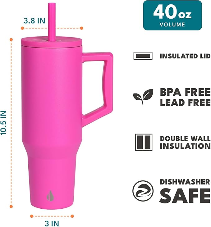 Elemental 40 oz Tumbler with Handle and Straw - Spill Proof Insulated Stainless Steel Commuter for Hot and Cold Beverages - Travel Coffee Mug with 2 Straws & Spill Proof Lid - 40oz - Hot Pink
