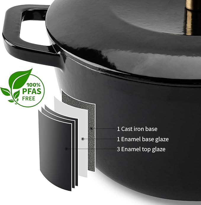 Enamel Cast Iron Dutch Oven with Lid,Dual Handles,Heavy-Duty Cookware for Sourdough Bread Baking,Braising,Stews,Roasting,Oven Safe up to 500° F,5.5QT,black