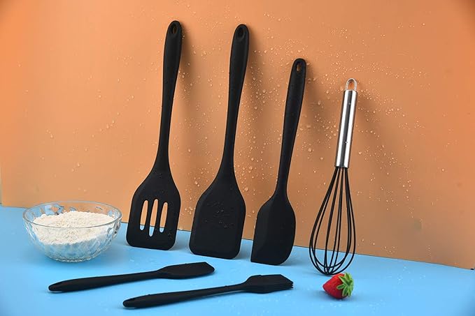Gullor Silicone Kitchen Utensils Baking Tool Set, Cooking Spoon, Spatula, Whisk, Brush, Scraper, 6 Pieces in Set, Black