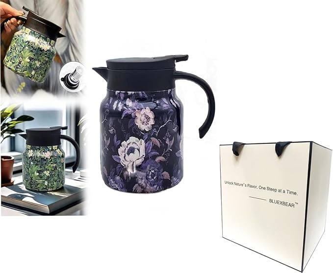 Vintage Floral Pattern Teapot, Doresty Tea Pot, Vintage Floral Pattern Tea-Built-In Infuser, Stainless Steel Thermal Carafe with Lid for Hot Drinks (Blue, Plastic handle)
