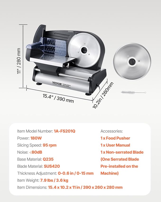 VEVOR Meat Slicer, 7.5 inch Electric Deli Food Slicer, 180W Meat Cutter with two Premium SUS420 Blades, 0-0.6 inch Adjustable Thickness, ETL Certified Food Slicer Machine for Home Use