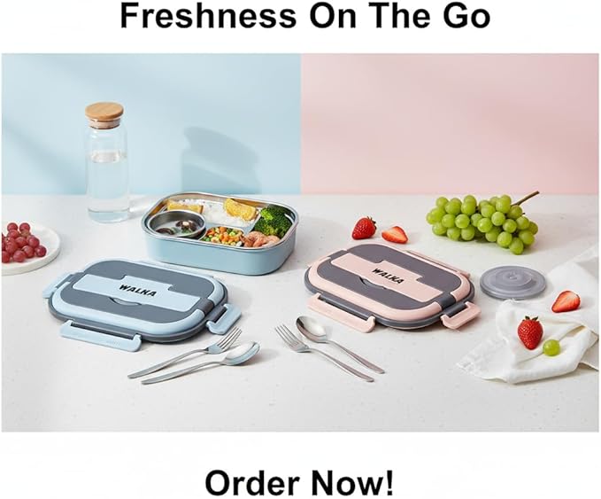 WALKA Lunch Box Stainless Steel, Metal Bento Boxes Leak-Proof, 4 Compartments Bento Lunch Box, Food Storage Containers, Dishwasher Safe with Bag (Blue)