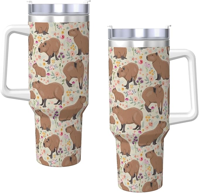 Capybara Gifts Capybara Tumbler Cute Cup for Girls, Teens, Women, Men Stainless Steel Vacuum Insulated 40oz Tumbler with Lid and Straw for Water, Iced Tea or Coffee, Beige