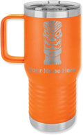 LaserGram 20oz Vacuum Insulated Travel Mug with Handle, Tiki Statue, Personalized Engraving Included (Orange)