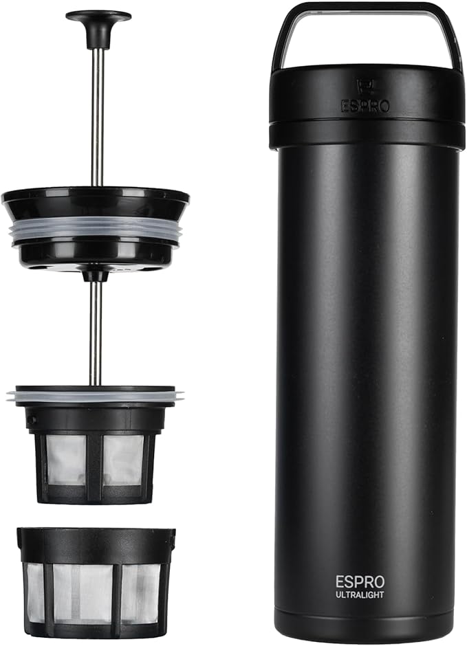 ESPRO P0 Ultralight French Press Coffee Maker for Travel, Vacuum Insulated Stainless Steel, 16 Ounces, Matte Meteorite Black