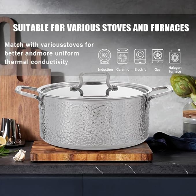 Vivicreate Tri-Ply Stainless Steel Stockpot – Deep Cooking Pot with Hammered Exterior, Compatible with All Stovetops, Even Heat Distribution, Durable Cookware for Soups, Stews, and More(5QT)
