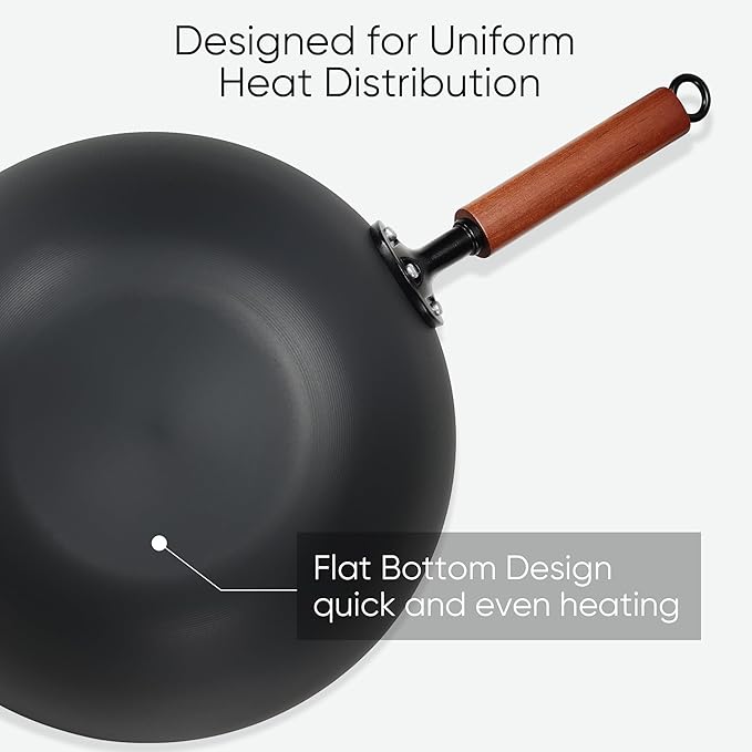 CAROTE 12.5" Carbon Steel Wok Pan, 6.5QT Woks & Stir-fry Pans, No Chemical Coated Pre-Seasoned Flat Bottom Wok with Lid for Stir Fry, BBQ, Grill & Camping, All Stovetop Compatible, Black
