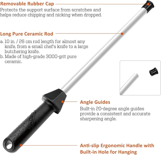 SHARPAL 118H Ceramic Honing Rod - Professional Knife Sharpener Steel, Ceramic Sharpening Rod for Kitchen Knives, Built-in Angle Guide, Anti-Break Cap, Durable Sharpening Stick, Christmas Gifts