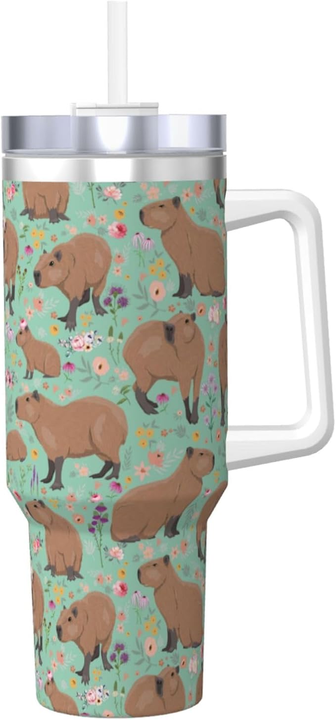 Capybara Gifts Capybara Tumbler Cute Cup Water Bottle for Girls, Teens, Women, Men Stainless Steel Vacuum Insulated 40oz Tumbler with Lid and Straw for Water, Iced Tea or Coffee, Green