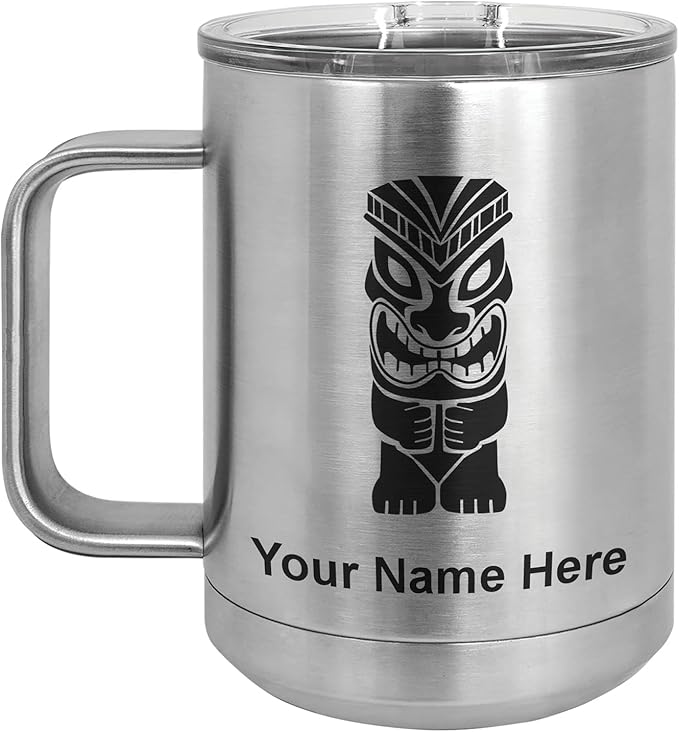 LaserGram 15oz Vacuum Insulated Coffee Mug, Tiki Statue, Personalized Engraving Included (Stainless Steel)