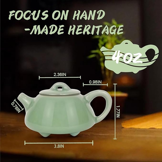 Handmade Celadon Teapot 120ml, Traditional Gongfu Tea Pot with Gift Box, Ceramic Stovetop Safe Teapot for Oolong & Pu-erh Tea