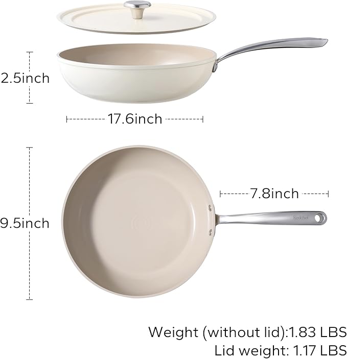 Redchef Ceramic Frying Pans Non Stick 9.5", 2.4QT Deep Saute Pan with Lid, Large Jumbo Cooker with Stay Cool Handle, Non Toxic Cooking Ceramic Pan, Induction Dishwasher Safe, PFOA & PFAS Free(Beige)