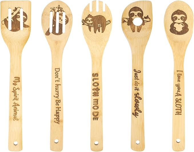 5PCS Sloth Wooden Cooking Spoons,Sloth Gifts for Women,Sloth Kitchen Decor,Sloth Stuff,Sloth Kitchen Gadgets,Sloth Themed Gifts for Housewarming Wedding Kitchen Gift