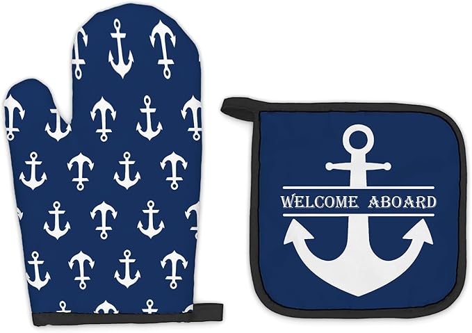 Lake House Gifts Oven Mitts and Pot Holders Sets, Lake Navy Blue Kitchen Accessories Sets, Nautical Navy Blue Anchor Welcome Aboard Heat Resistant Oven Glove Potholders for Kitchen Cooking