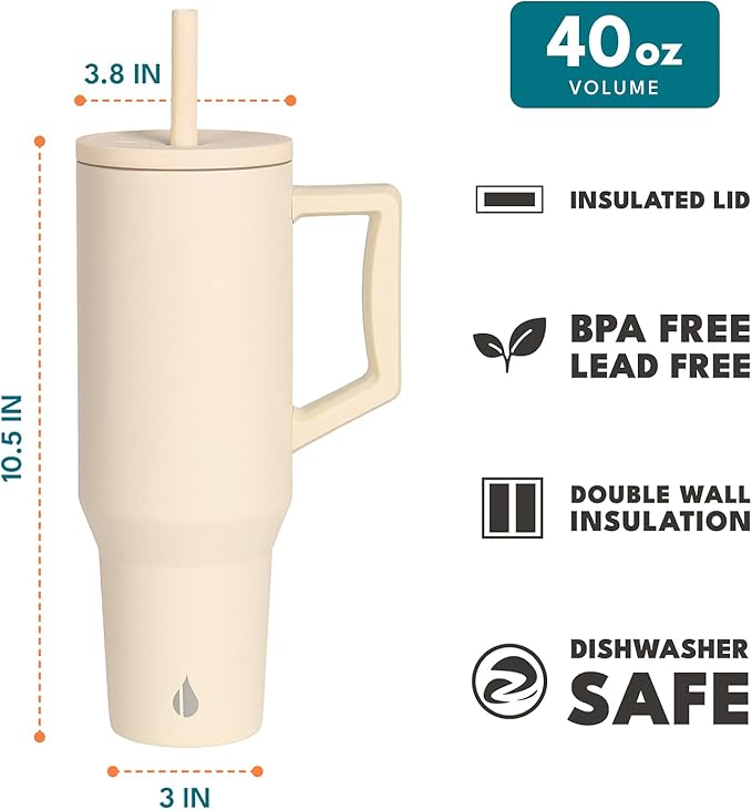 Elemental 40 oz Tumbler with Handle and Straw - Spill Proof Insulated Stainless Steel Commuter for Hot and Cold Beverages - Travel Coffee Mug with 2 Straws & Spill Proof Lid - 40oz - Beige