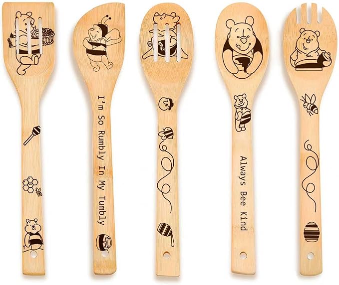 5 PCS Cartoon Wooden Spoons for Cooking, Bear Cooking Utensils, Engraved Bamboo Kitchen Accessories, Cartoon Kitchen Decor, Bear Kitchens Stuff, Birthday Gifts for Women