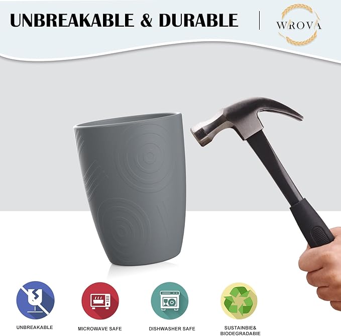 Wrova Wheat Straw Cups 8 PCS Good Alternative to Plastic Reusable Cups 12 oz Unbreakable Drinking Cup Reusable Dishwasher Safe Water Plastic Glasses Grey