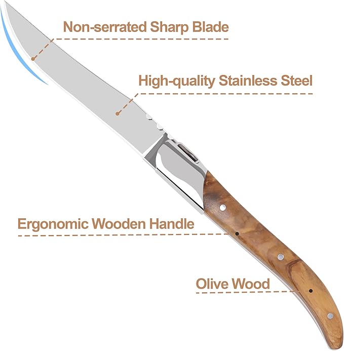 Laguiole Style Steak Knife Set of 12, Non-serrated Steak Knife Set with Olive Wood Handle, Sharp Stainless Steel Steak Knives with Gift Box, Dinner Cutlery Set for Home Party
