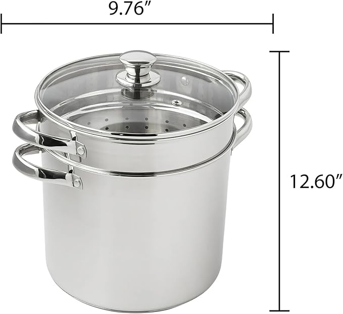 8 Qt 4-Piece Stainless Steel Multipot Set - Stock Pot with Steamer Basket, Colander & Heat-Resistant Glass Lid | Stay-Cool Handles, Durable Cookware for Large Gatherings & Daily Cooking
