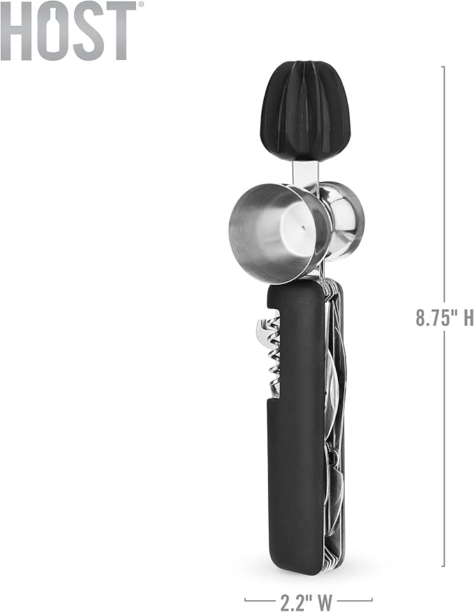 HOST All in One Bartender Multitool Set, 10 in 1 Bar Tool with Strainer, Muddler, Reamer, Jigger, Stirrer, Zester, Corkscrew, Opener, Knife and Channel Knife for Camping, Travel and Outdoor Use