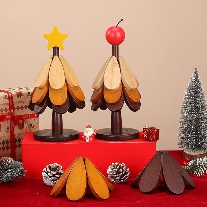 Christmas Tree Trivet Set of 5, Foldable Bamboo Hot Pad Holder for Hot Pots/Pans/Dishes, Walnut Brown Kitchen Serving Tray, Holiday Table Decor (Rainbow-Colored)