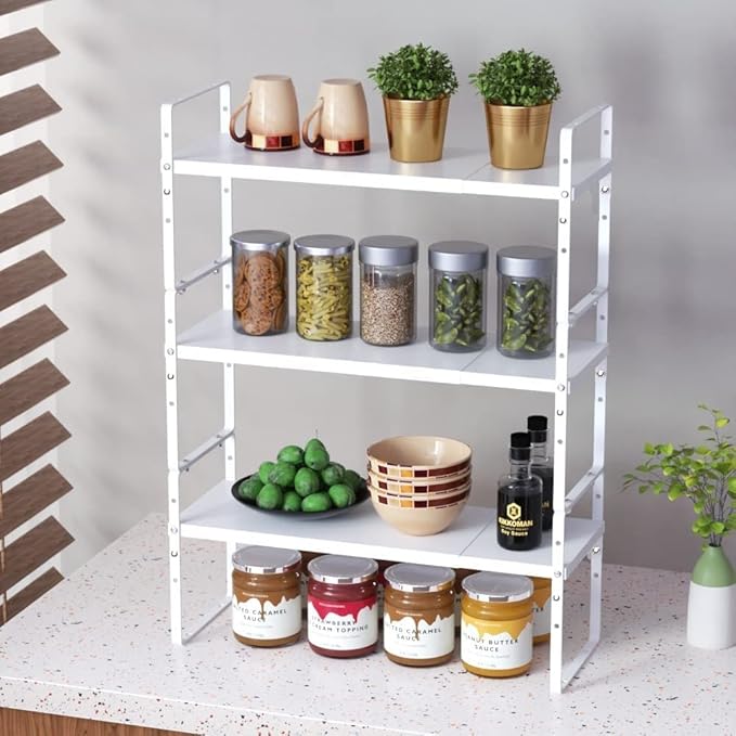 Expandable Stackable Spice Rack Cabinet Shelf Organizer in Cabinets Shelves Kitchen Cupboard Organization Stack up Racks Pantry Countertop Storage Large/White 3 Packs