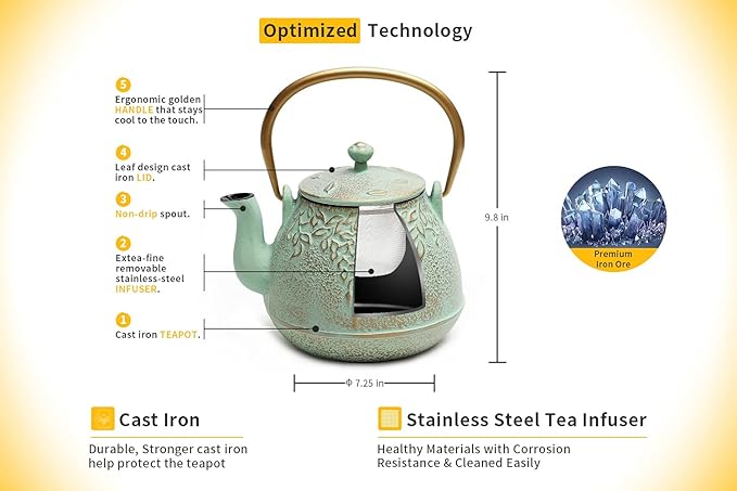 Toptier Tea Kettle for Stove Top, Cast Iron Teapot Stovetop Safe with Infusers for Loose Tea, 54 oz, Light Green