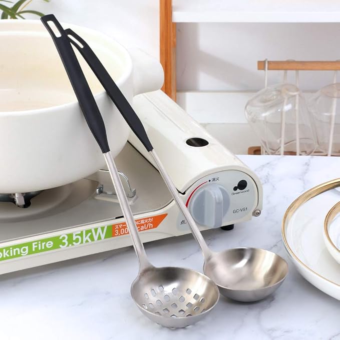 Buyer Star 2 Pcs Soup Ladle Colander, Silver Black Cookware Serving Long Handle Steel Slotted Spoon Cooking Utensil Set for Hotpot