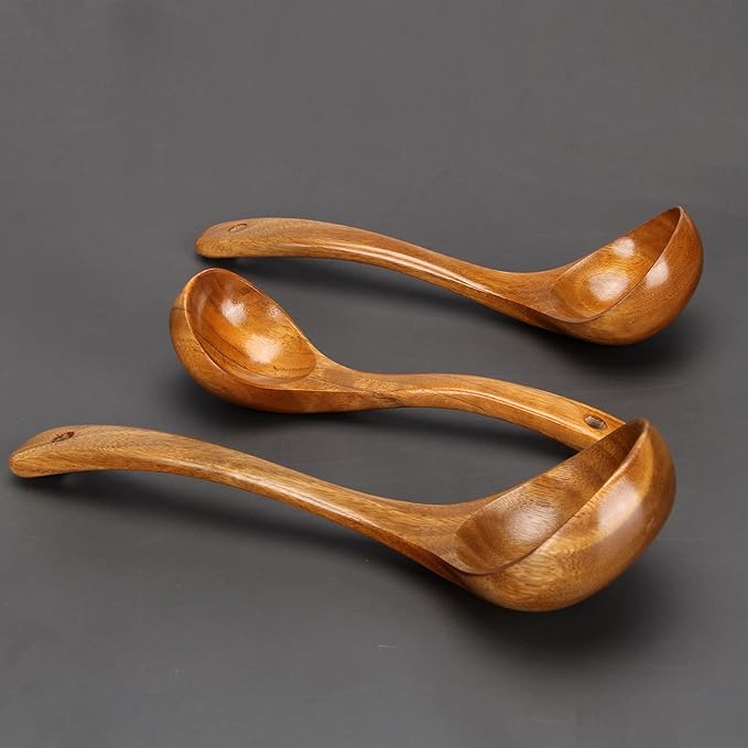 3 Pack Wooden Ladles for Serving Spoon Soup Ladle Wood Spoons for Cooking Ladel Large Bamboo Kitchen Tools Ladles Big Spaghetti Spoon Laddle Non Toxic Soup Spoons Teak deep Ladle
