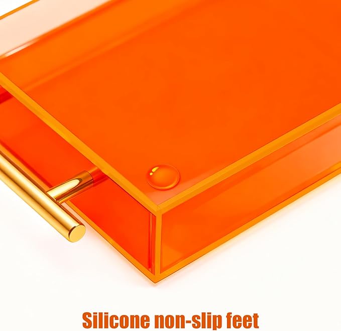 Acrylic Serving Tray with Handles Large Ottoman Food Decorative Tray for Coffee Table Tea Fruit Snack Kitchen Bar Platter, 17x13’’, Neon Orange