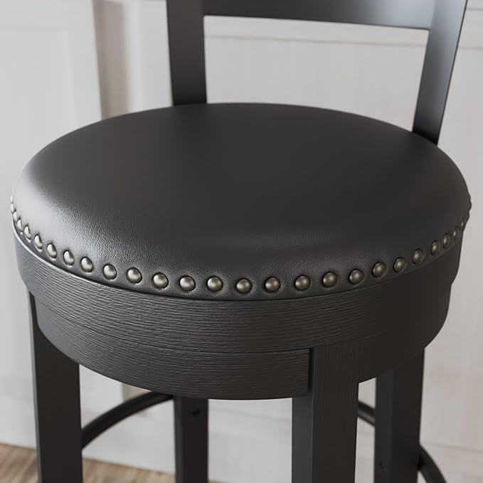 Signature Design by Ashley Valebeck Faux Leather Upholstered Swivel Barstool, Nailhead Trim, Solid Wood, 16.75" W x 19.75" D x 37.25" H, Antique Black