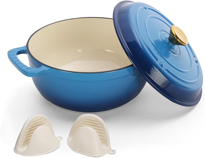 ROVSUN 5 Quart Enameled Cast Iron Dutch Oven with Lid, Dual Handles, Oven Safe up to 500°F or on Stovetop, Compatible for Braising, Stews, Roasting, Bread Baking-Blue