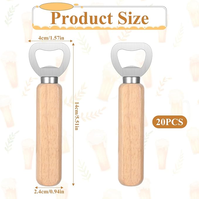 20 Pcs Bottle Opener Bulk with Wooden Handle, Stainless Steel Heavy Duty Engravable Wood Beer Opener for Party Bar Restaurant Kitchen Festivals