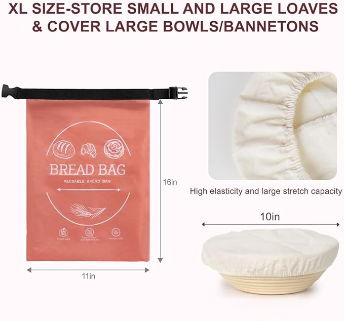 Bread Bags for Homemade Bread & Sourdough - Reusable Bread Bag with Linen Cover, Freezer-Safe Storage to Keep Bread Fresh for Days (XL, Orange)