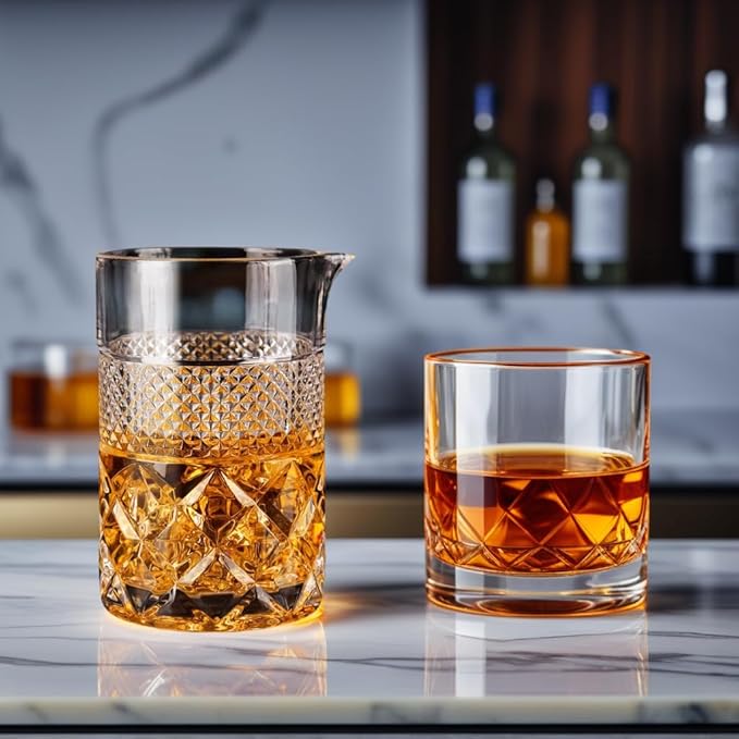4-pack Cocktail Mixing Glass - 21oz Lead-Free Hand Blown Barware with Professional Bartender Kit - for Martini, Manhattan, Old Fashioned - Premium Home Bar Gift for Wedding Anniversary Birthday