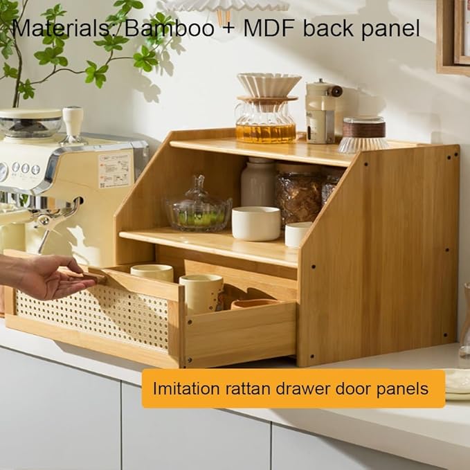 Modern Counter Top Cabinet with Drawer, Bamboo Spice Organizer and Bread Box, Mug Holder Storage Rack, Makeup and Perfume Cabinet for Kitchen or Living Room(Black)
