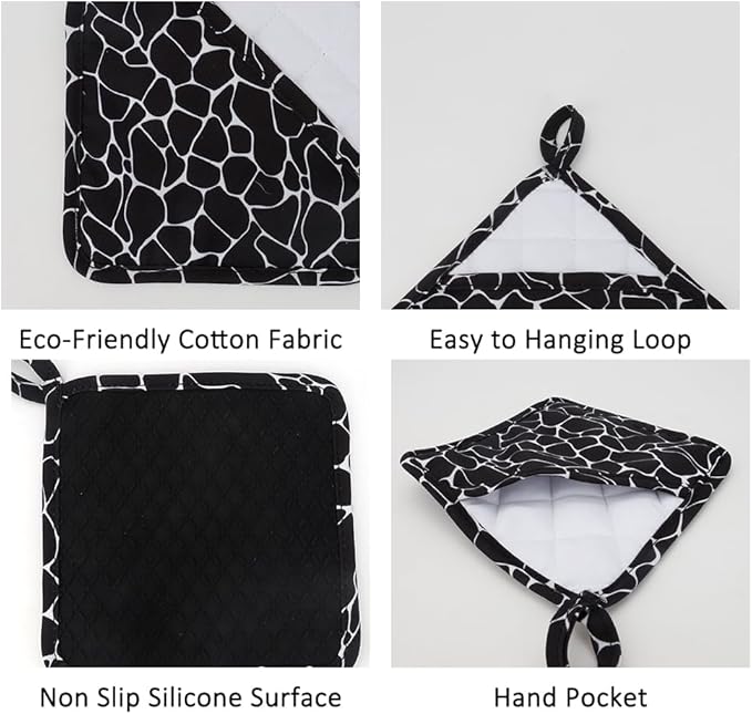 Pot Holders for Kitchen 2 Pack Heat Resistant Hot Pads for Kitchen Counter Decor,Silicone Non-Slip Hot Pad with Soft Cotton Lining Pot Holder Trivets for Kitchens Oven Cooking Baking Pans,Black Stripe