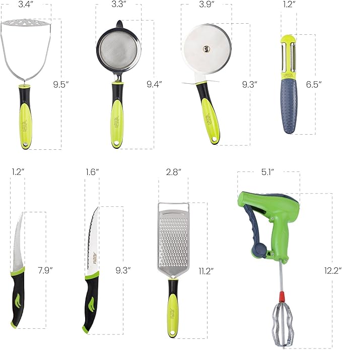 Anjali 8-Piece Olive Kitchen Tool Set – Stainless Steel Strainer, Cheese Grater, Pizza Cutter, Peeler, Potato Masher, 9.3" Veg Laser Knife, 7.9" Tomato Knife & Manual Hand Blender