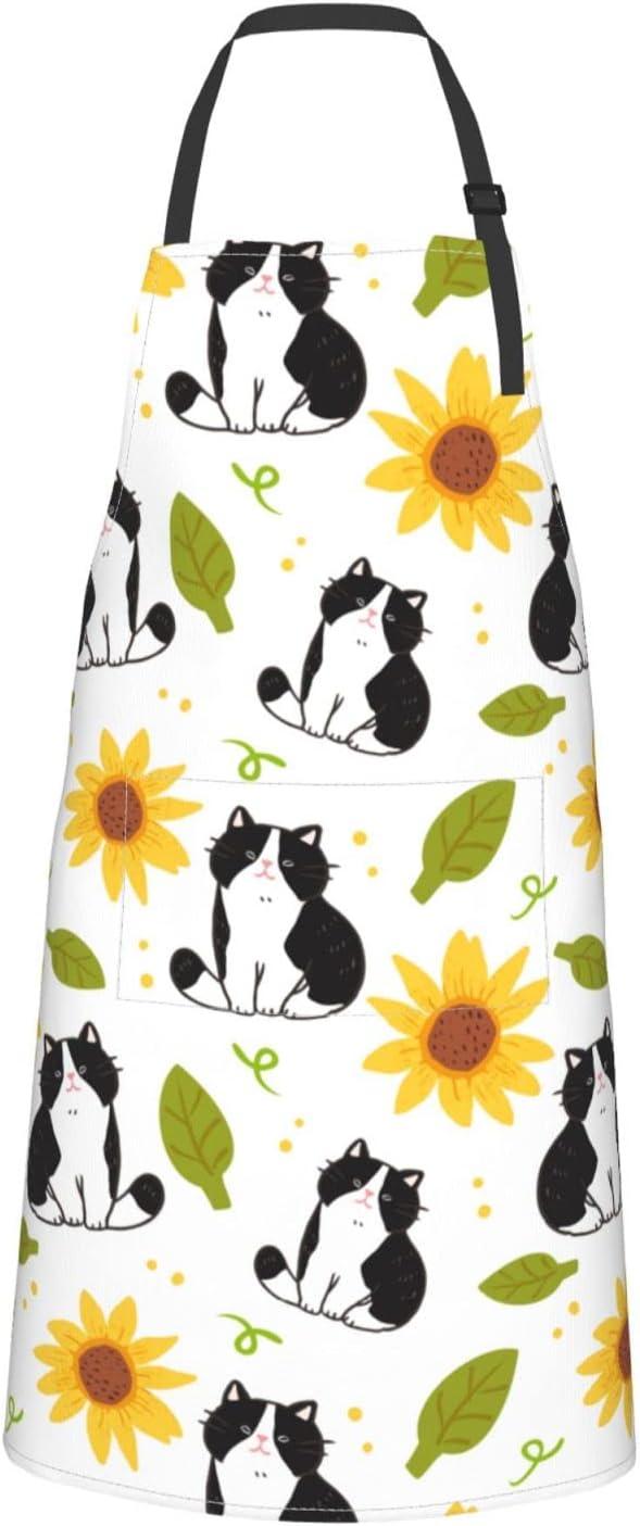 Cat and Dogs Animals Adjustable Bib Neck Chef Aprons, Kitchen Bbq Waterproof Apron with 2 Pockets For Mom Dad