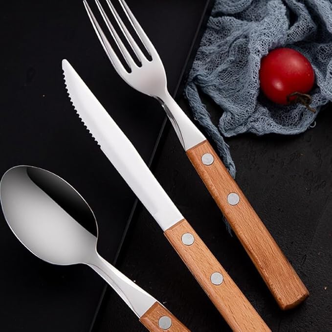 Stainless Steel Wooden Handle Silverware Set,Elegant Western Cutlery Set,Contains Knife, Fork, Spoon (B)