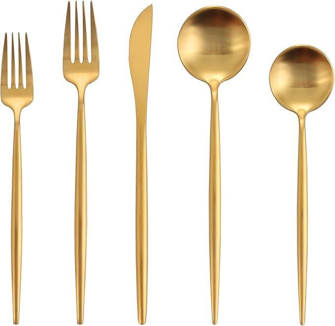 Matte Gold Silverware Set, Oliviola 40-Piece Stainless Steel Flatware Cutlery Set Service for 8, Satin Finish Kitchen Utensil Set, Dishwasher Safe…
