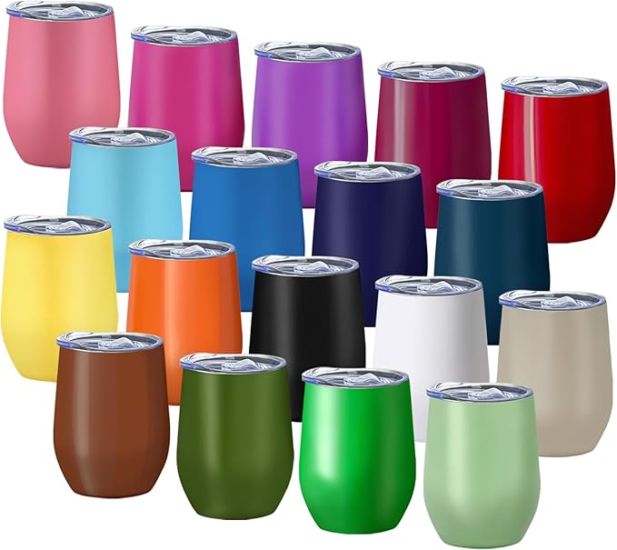 YOUKE OLA 18 Pack Stainless Steel Wine Tumbler with lid, 12oz Insulated Wine Tumbler Stemless Double Wall Vacuum Wine Glass Coffee Tumbler Bulk for Coffee, Wine, Cocktails, Champaign, 18 Colors
