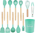 12-Piece Silicone Kitchen Utensils Set with Wooden Handle, Non-Stick & Heat Resistant Cooking Utensils (446°F), Includes Spatula, Spoon, Turner, Tongs, Whisk, Great for Home Cooks-Green