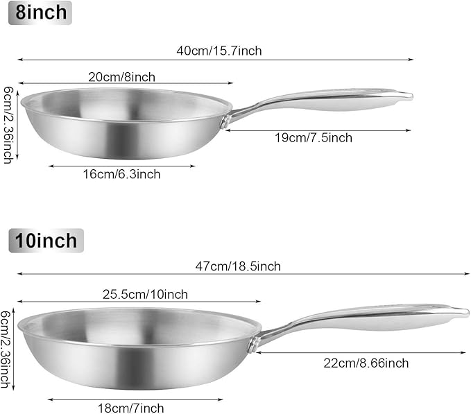 Stainless Steel Frying Pan Set 2 Piece, 8,10 Inch Tri-Ply Frying Pans Non Stick, Pots and Pans Set, Oven 500F & Dishwasher Safe, Classic Cooking Pan Cookware