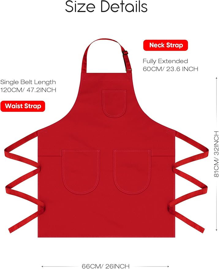 Unisex Apron with Pockets for Cooking, Salon & Art - 100% Cotton Adult Kitchen, Chef, Stylist Apron (Red)